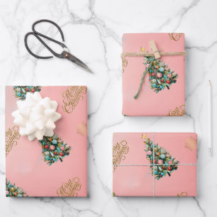 Samtrosaroter Weihnachtsbaum Geschenkpapier Set