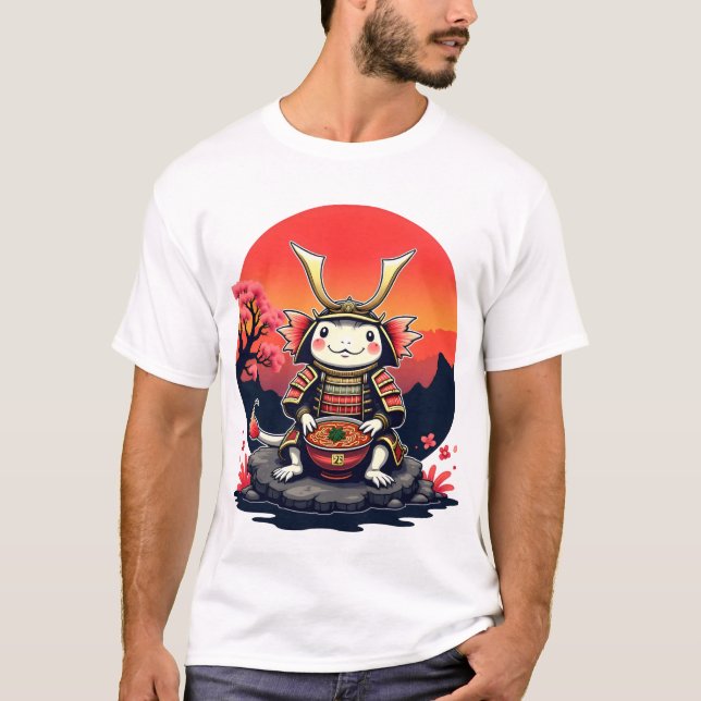 Samurai Axolotl mit Ramen Bowl T-Shirt (Vorderseite)
