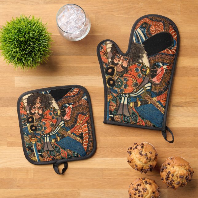 SAMURAI-BEKÄMPFUNGSMONSTER OFENHANDSCHUH & Topflappen-Set (Oben Unten)