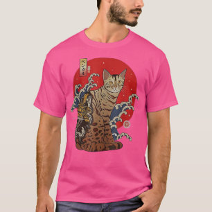 Samurai Bengalisch Cat Ukiyoe Japanischer Krieger  T-Shirt