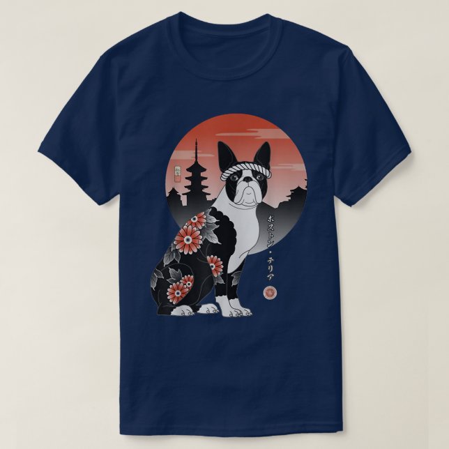 Samurai Boston Terrier Ukiyo-e Japanese Warrior Lo T-Shirt (Design vorne)