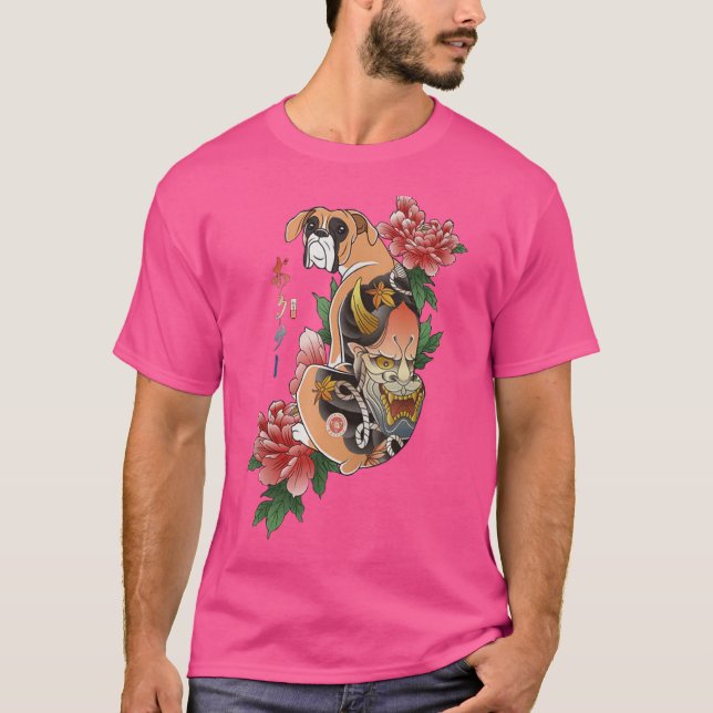 Samurai Boxer Dog Ukiyo E Blume Japanischer Kriege T-Shirt (Vorderseite)