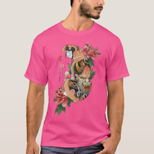 Samurai-Boxerhund Ukiyo E Blumen japanischer Krieg T-Shirt