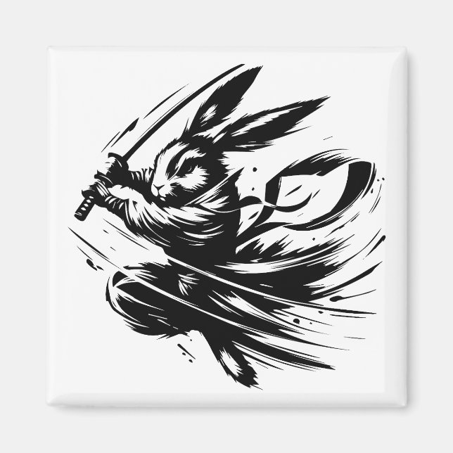 Samurai Bunny Black Ink Warrior Rabbit Magnet (Vorne)