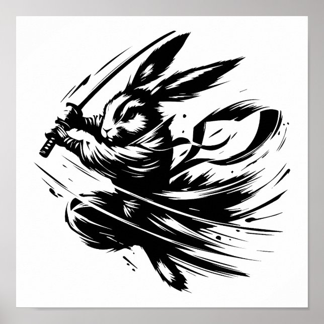 Samurai Bunny Black Ink Warrior Rabbit Poster (Vorne)