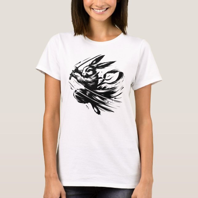 Samurai Bunny Black Ink Warrior Rabbit T-Shirt (Vorderseite)