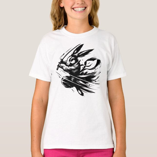 Samurai Bunny Black Ink Warrior Rabbit T-Shirt (Vorderseite)