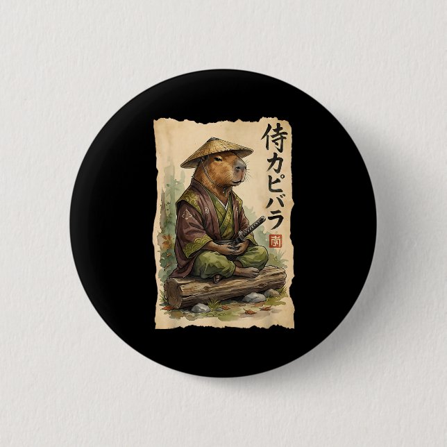 Samurai Capybara Japanese Art Vintage Graphic Funn Button (Vorderseite)