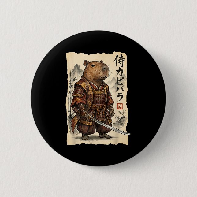 Samurai Capybara Japanische Kunst Vintage Grafik L Button (Vorderseite)