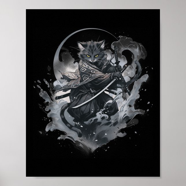 Samurai Cat Anime Japanisch Ninja Warrior Ästhetik Poster (Vorne)
