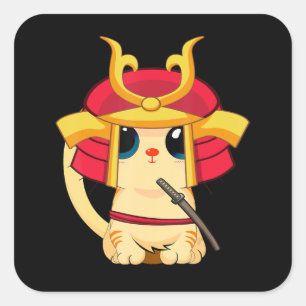 Samurai Cat Cute Japanese Anime Cosplay Halloween Quadratischer Aufkleber