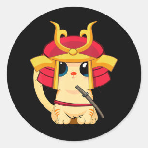 Samurai Cat Cute Japanese Anime Cosplay Halloween Runder Aufkleber