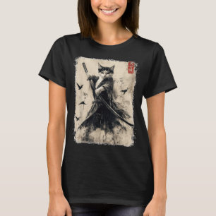 Samurai Cat Graphic T-Shirt Warrior Vintag Japanis