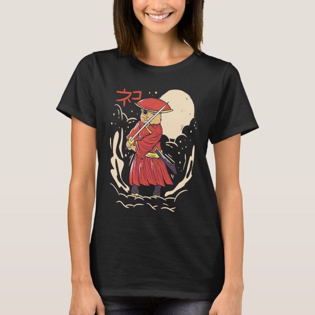 Samurai Cat Illustration  Japanese Cute Graphic T-Shirt (Vorderseite)