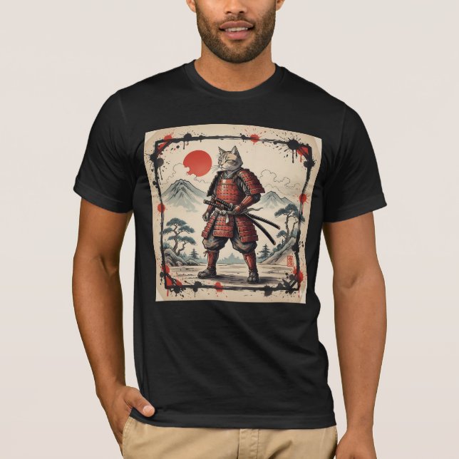 Samurai Cat Illustration T-Shirt | Japanese Sunset (Vorderseite)