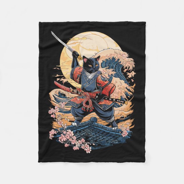Samurai Cat Japanese Cat Anime Ninja Fleecedecke (Vorderseite)