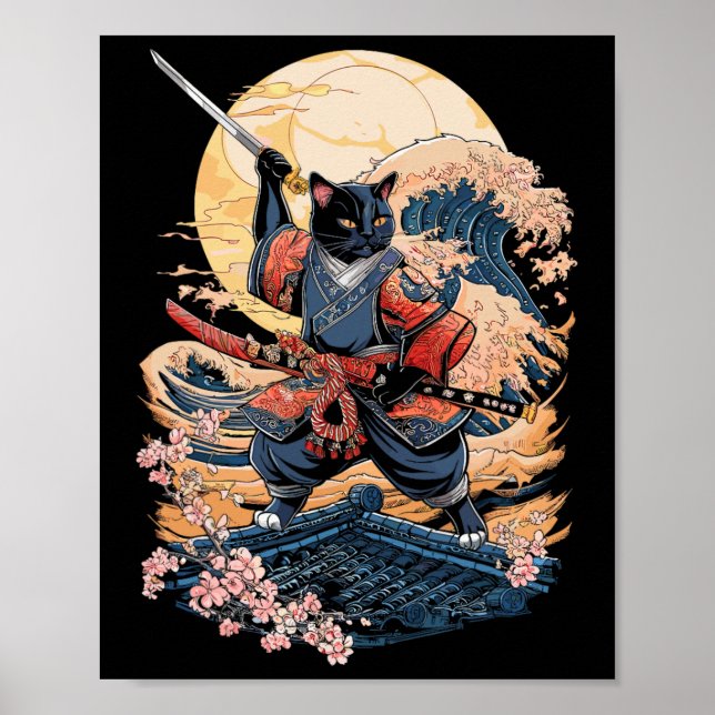 Samurai Cat Japanese Cat Anime Ninja Poster (Vorne)