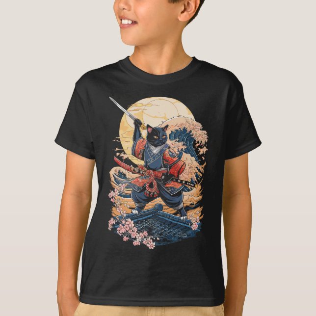 Samurai Cat Japanese Cat Anime Ninja T-Shirt (Vorderseite)