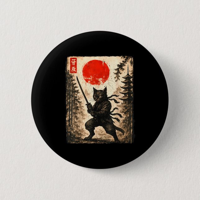 Samurai Cat Japanese Mens Boys Kids Graphic Anime  Button (Vorderseite)