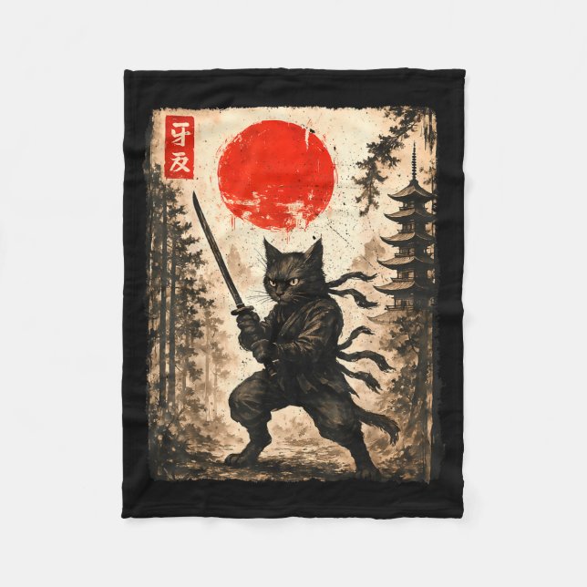 Samurai Cat Japanese Mens Boys Kids Graphic Anime  Fleecedecke (Vorderseite)