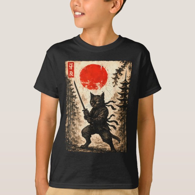 Samurai Cat Japanese Mens Boys Kids Graphic Anime  T-Shirt (Vorderseite)