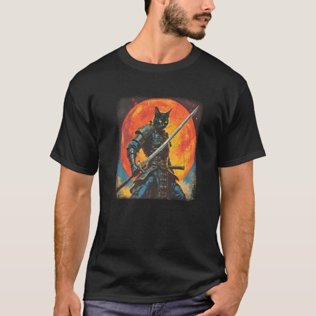 Samurai Cat Japanese Sumi e Art Kawaii Funny Novel T-Shirt (Vorderseite)