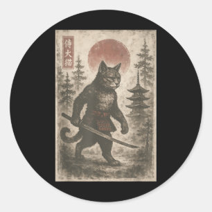 Samurai Cat Japanisch Vintag Graphic Ukiyo-e Art F Runder Aufkleber