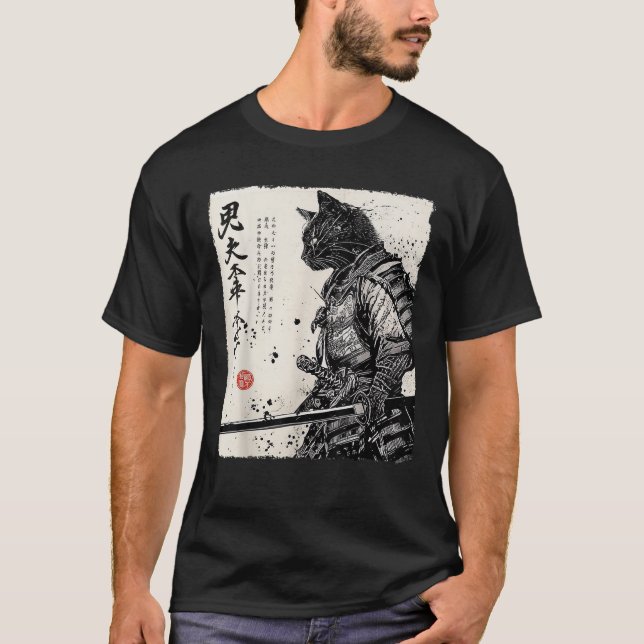 Samurai Cat Japanischer Art Anime gibt Männern Fra T-Shirt (Vorderseite)