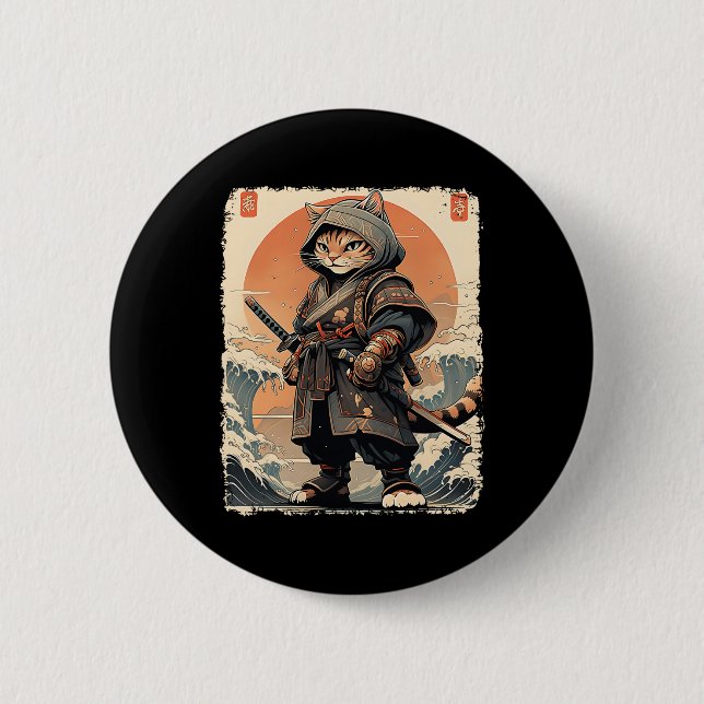 Samurai Cat Katana Full Gear Warrior Kämpfer Japan Button (Vorderseite)
