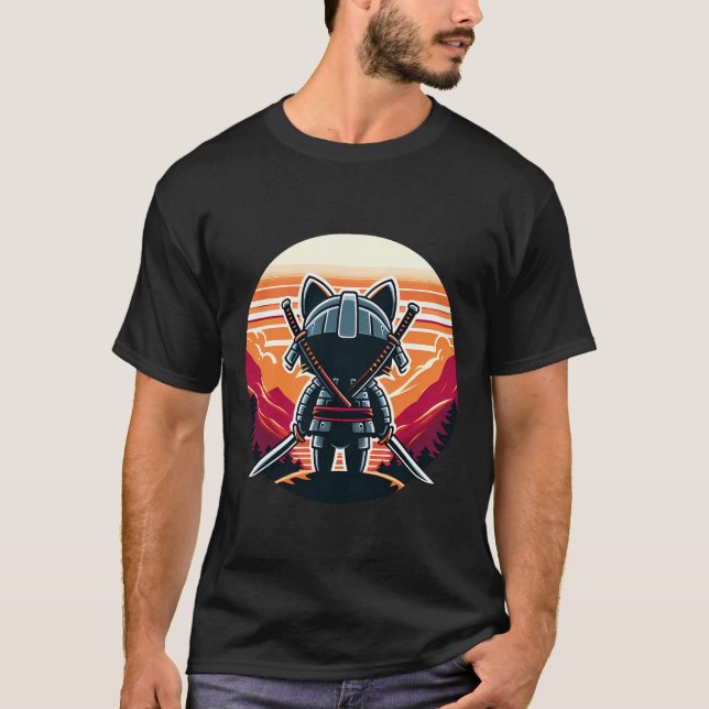 Samurai Cat Katanas beobachten Sonnenuntergang und T-Shirt (Vorderseite)
