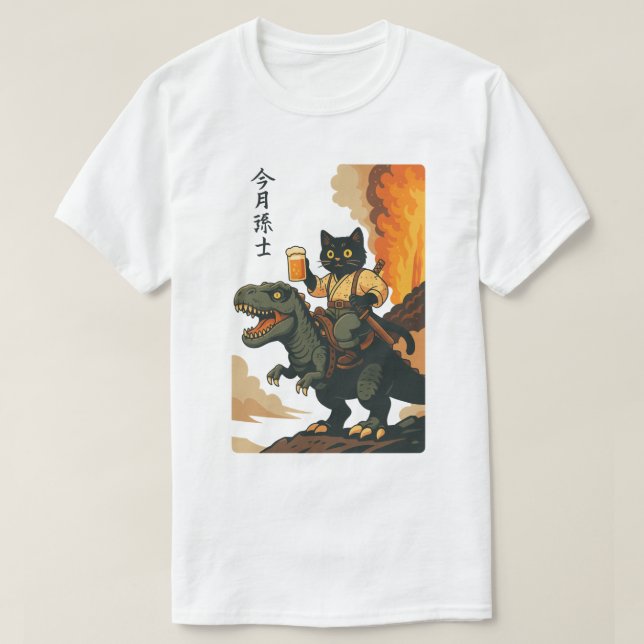 Samurai Cat mit Beer & T-Rex, Retro japanische Kun T-Shirt (Design vorne)