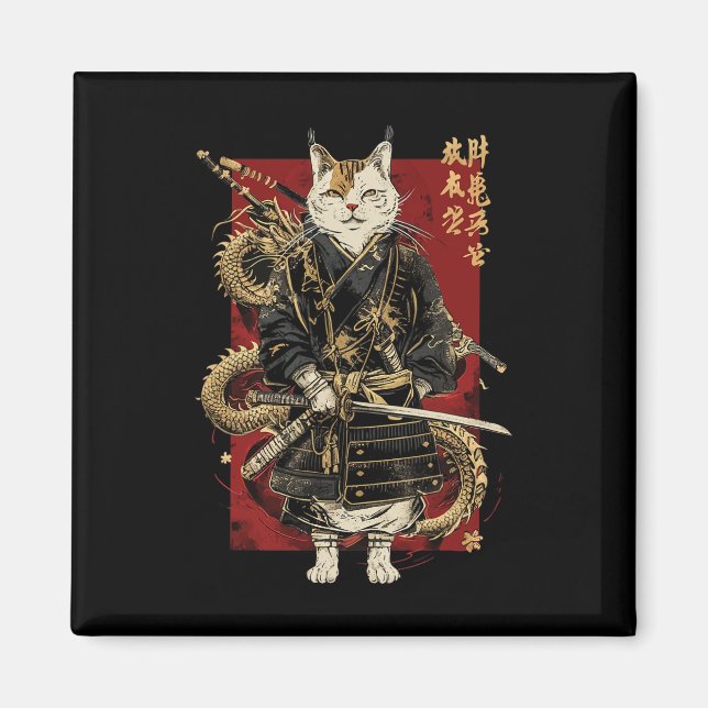 Samurai Cat mit Dragon japanisches Kanji Magnet (Vorne)