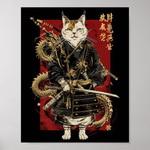 Samurai Cat mit Dragon japanisches Kanji Poster