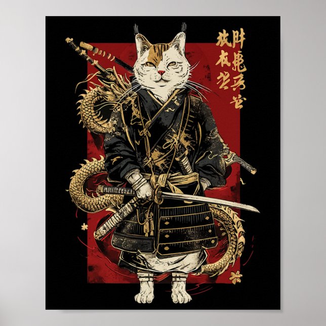 Samurai Cat mit Dragon japanisches Kanji Poster (Vorne)