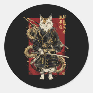 Samurai Cat mit Dragon japanisches Kanji Runder Aufkleber