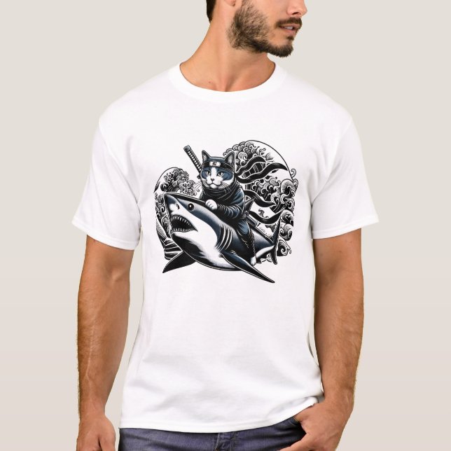 Samurai Cat Ninja Cat Shark Kanagawa Japanisch T-Shirt (Vorderseite)