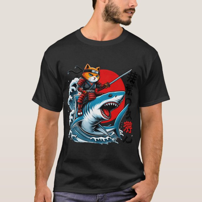Samurai Cat Ninja Japanese Art Cat Shark Kanagawa  T-Shirt (Vorderseite)