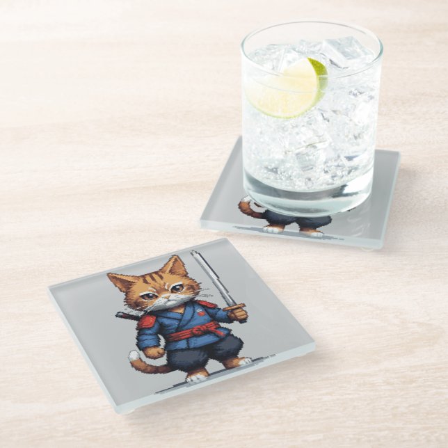 Samurai Cat Pixel Art Glasuntersetzer (Schrägansicht)