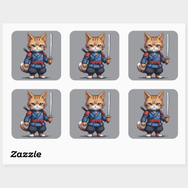 Samurai Cat Pixel Art Quadratischer Aufkleber (Blatt)