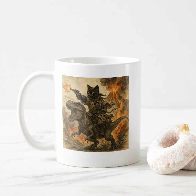 Samurai Cat Riding Dinosaurier in Vulkanausbruch Kaffeetasse (Mit Donut)