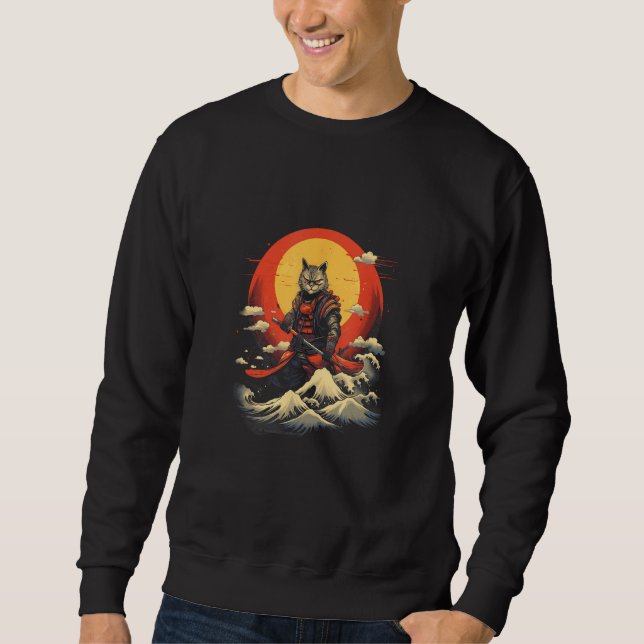 Samurai Cat Serene Ocean Seascape  Japanese Artist Sweatshirt (Vorderseite)