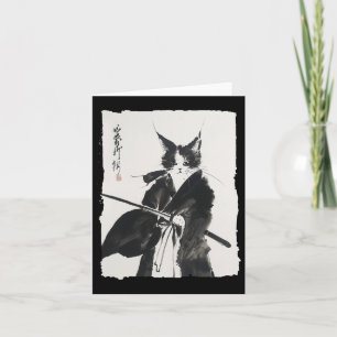 Samurai Cat T-Shirt Vintag Ukiyo-e Warrior Art Gra Karte