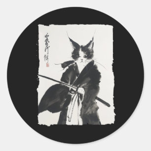Samurai Cat T-Shirt Vintag Ukiyo-e Warrior Art Gra Runder Aufkleber