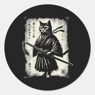 Samurai Cat Ukiyo-e Warrior Art Graphic Sumi-e Cat Runder Aufkleber