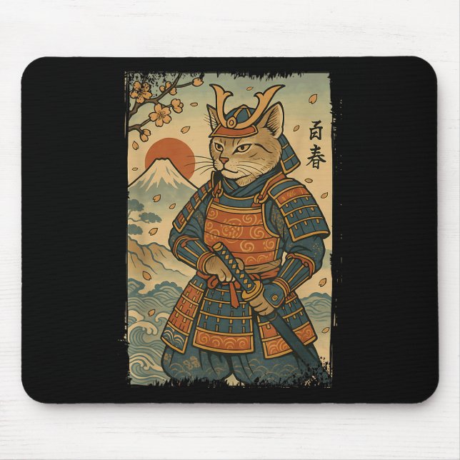 Samurai Cat Warrior Japanisch Ukiyo-e Artwork Cat  Mousepad (Vorne)
