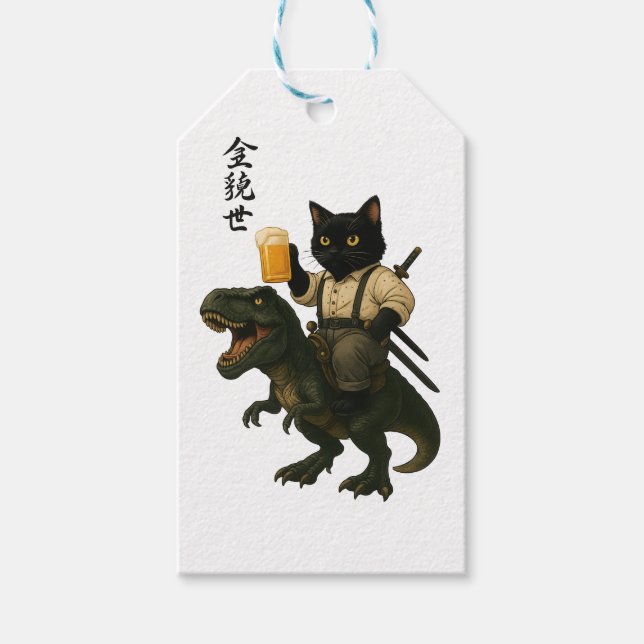 Samurai Cat with Beer & T-Rex | Retro Japanese Art Geschenkanhänger (Vorderseite)