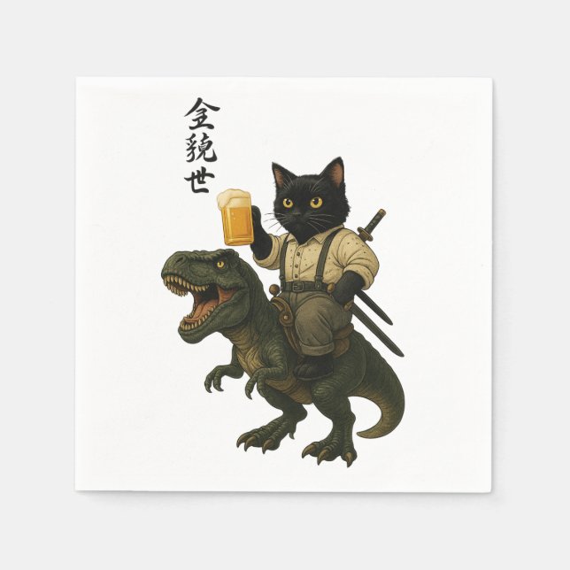 Samurai Cat with Beer & T-Rex | Retro Japanese Art Serviette (Vorderseite)