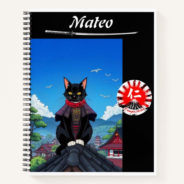Samurai Compassion Cat Spiral Notebook Notizbuch (Vorderseite)