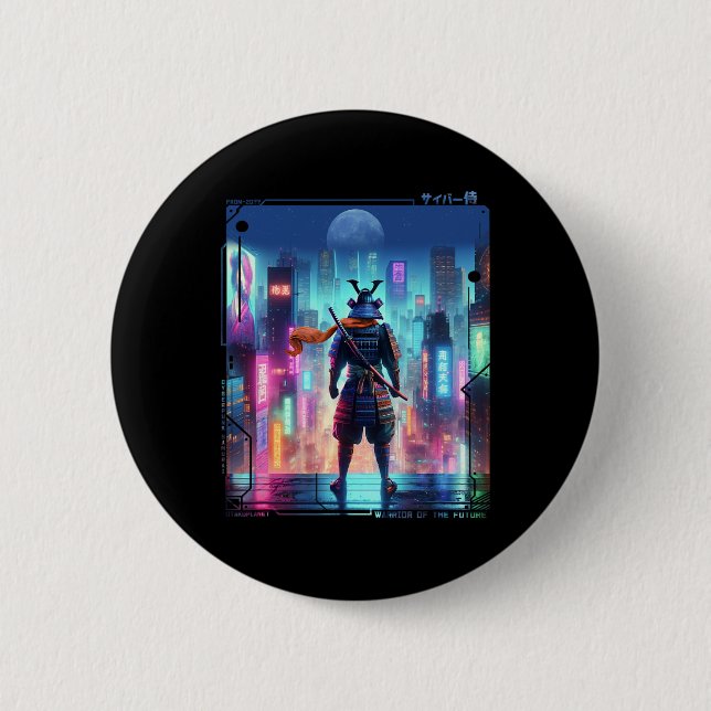 Samurai Electric Pole in Japanisch Retro Cyberpunk Button (Vorderseite)