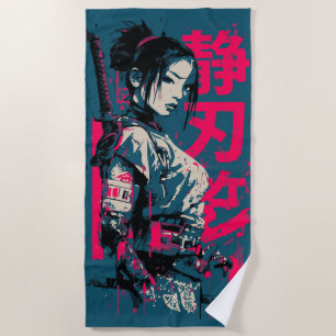 Samurai-Frau Katana Street Art Japanische Kanji De Strandtuch